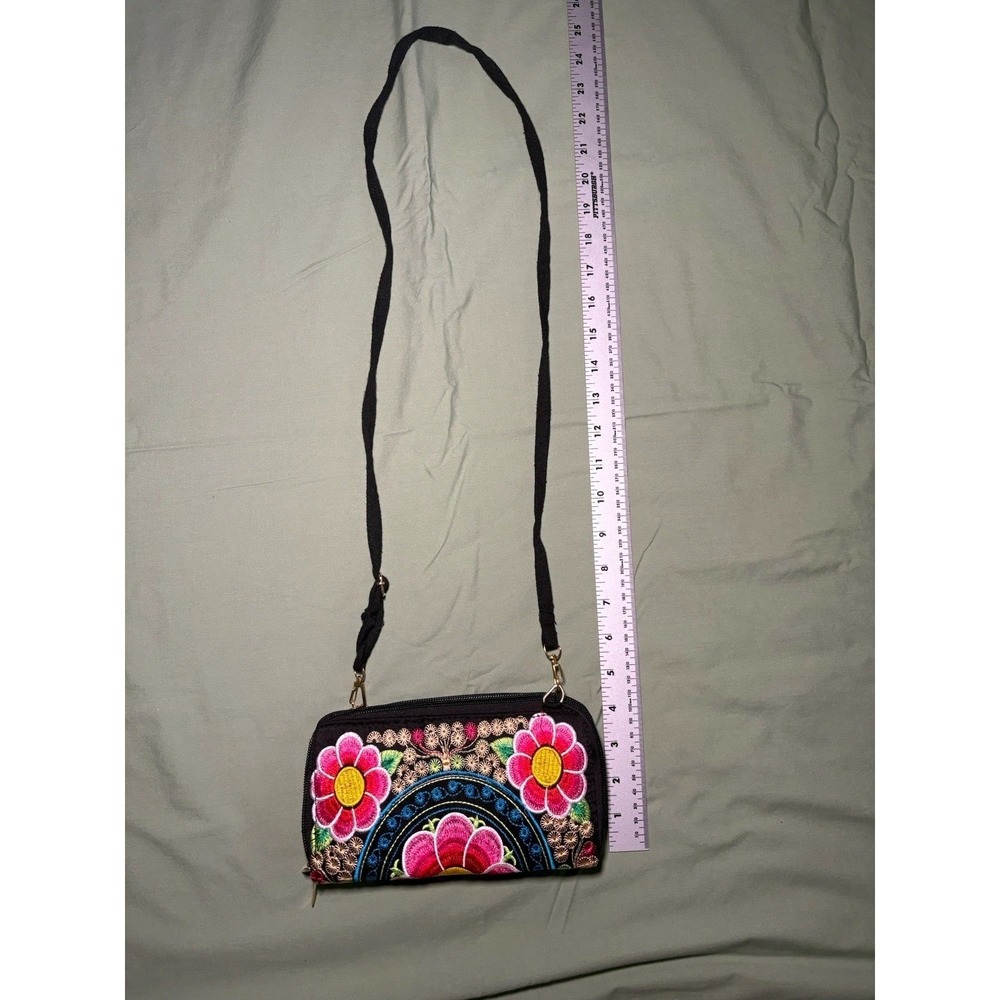 Women's Floral Embroidered Zip-Around Wristlet Wallet w/ Strap Black Multi